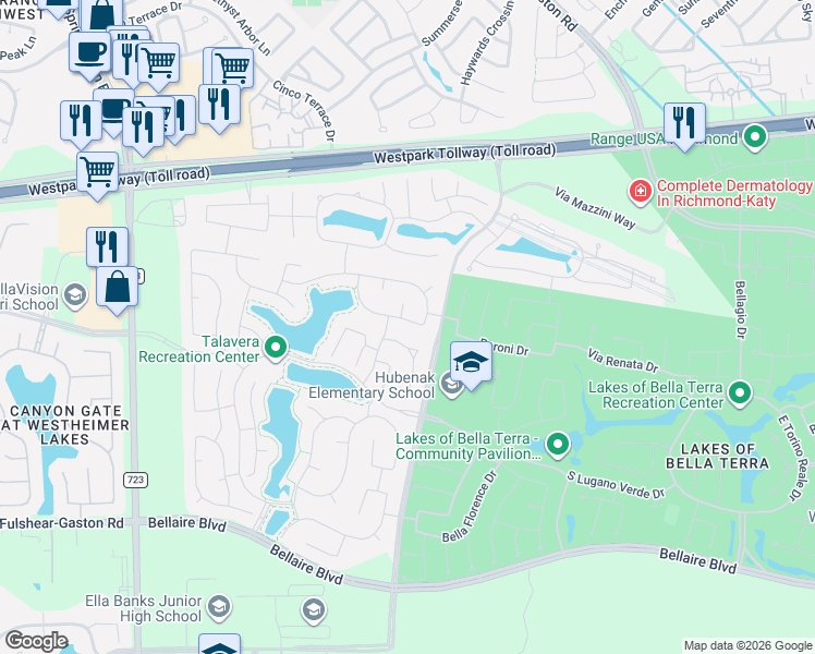 map of restaurants, bars, coffee shops, grocery stores, and more near 24615 Dover bend Way in Richmond