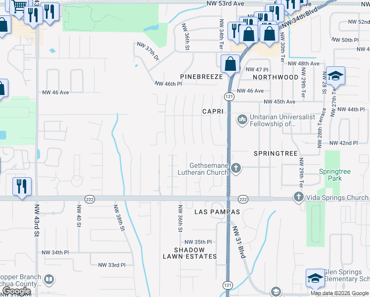 map of restaurants, bars, coffee shops, grocery stores, and more near 4236 Northwest 35th Terrace in Gainesville