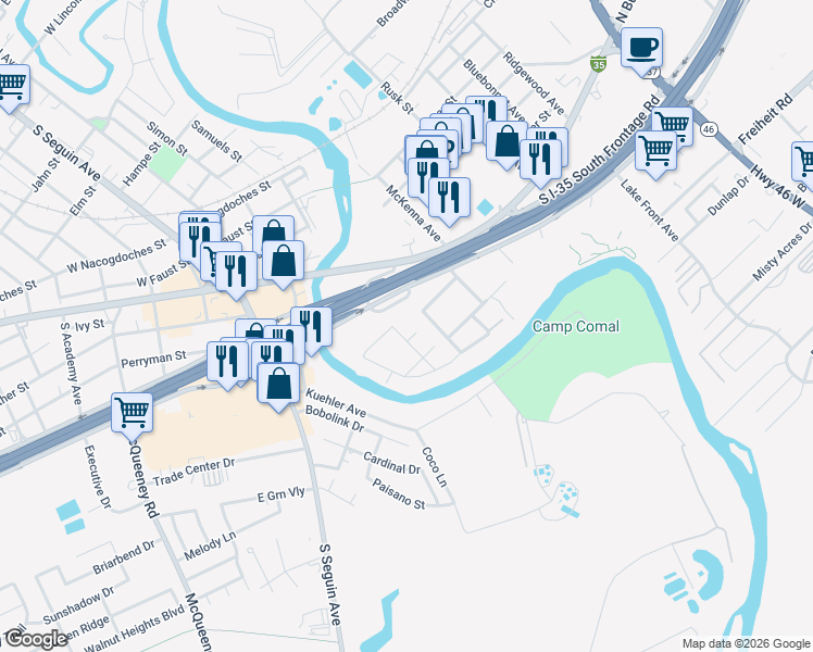 map of restaurants, bars, coffee shops, grocery stores, and more near 217 Santiago Street in New Braunfels