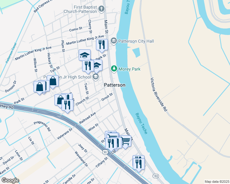 map of restaurants, bars, coffee shops, grocery stores, and more near 1000 Main Street in Patterson