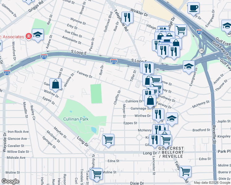 map of restaurants, bars, coffee shops, grocery stores, and more near 3212 Chaffin Street in Houston