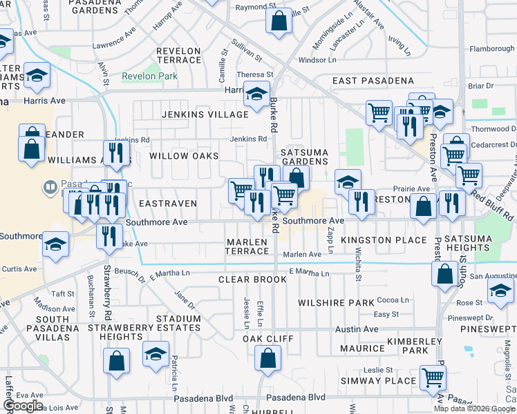 map of restaurants, bars, coffee shops, grocery stores, and more near 2127 Southmore Avenue in Pasadena