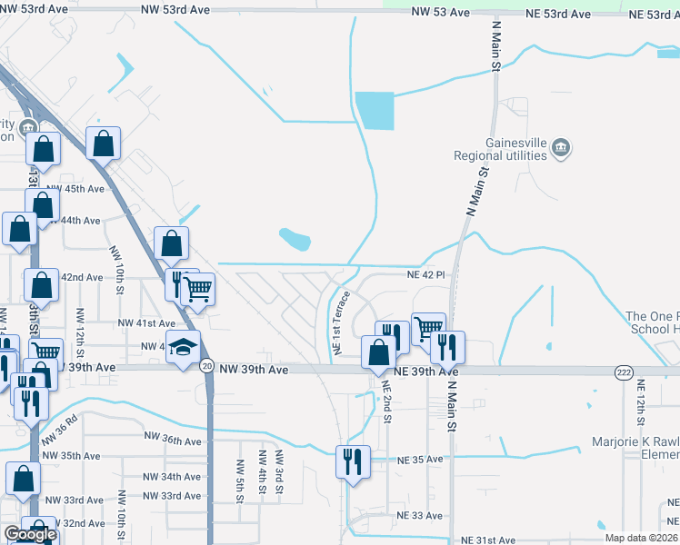 map of restaurants, bars, coffee shops, grocery stores, and more near 4203 Northeast 2 Way in Gainesville