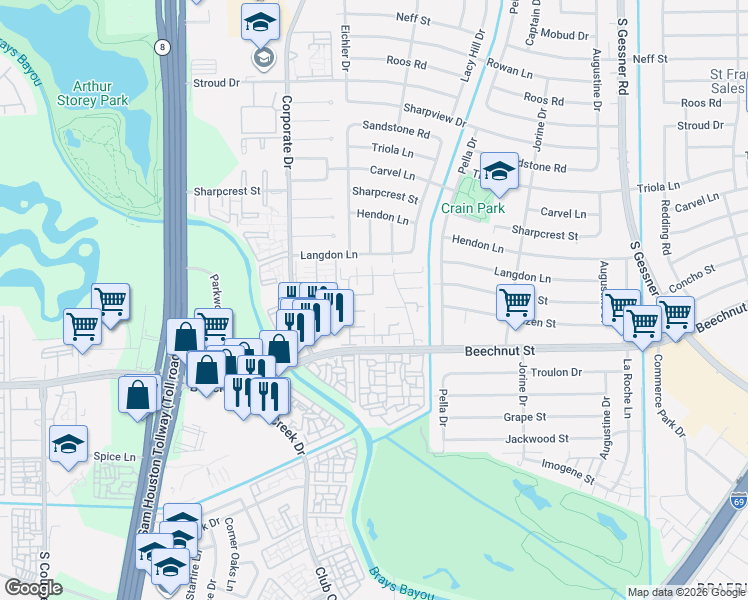 map of restaurants, bars, coffee shops, grocery stores, and more near 9331 Westwood Village Drive in Houston