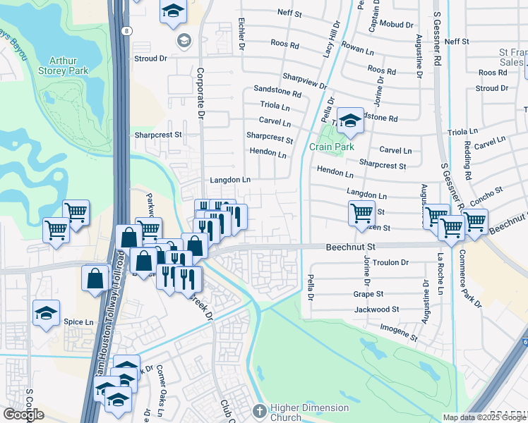 map of restaurants, bars, coffee shops, grocery stores, and more near 9331 Westwood Village Drive in Houston