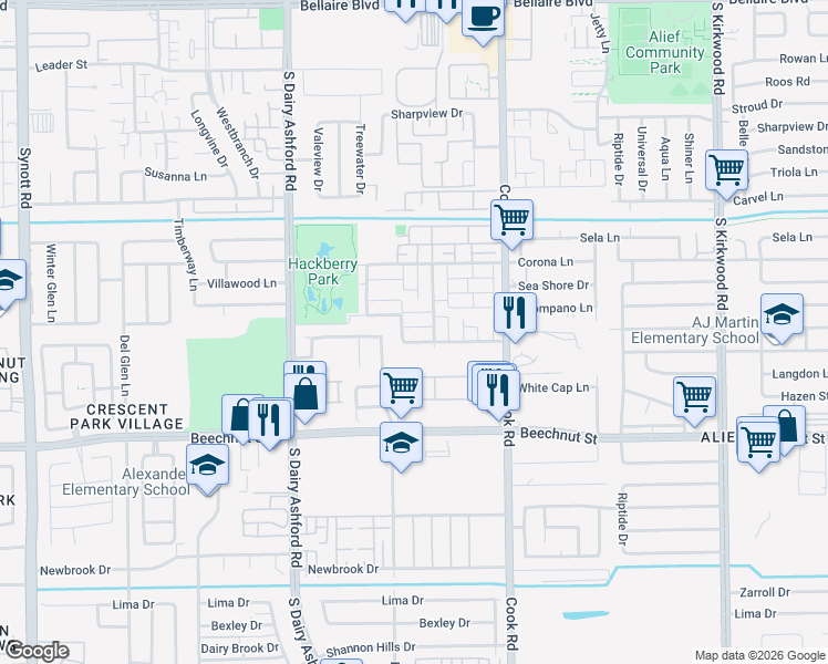 map of restaurants, bars, coffee shops, grocery stores, and more near 12415 Garden Estate Street in Houston