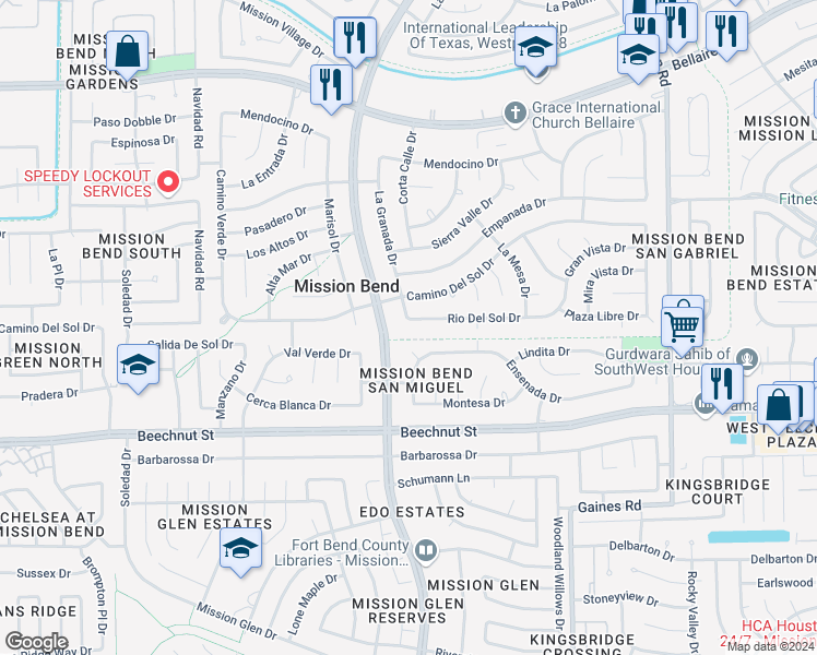 map of restaurants, bars, coffee shops, grocery stores, and more near 15655 Rio Del Sol Drive in Houston