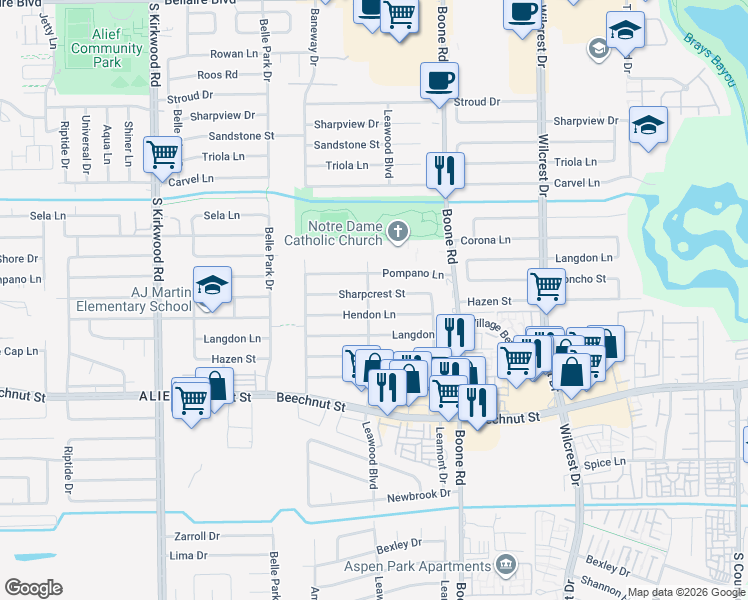 map of restaurants, bars, coffee shops, grocery stores, and more near 11255 Sharpcrest Street in Houston
