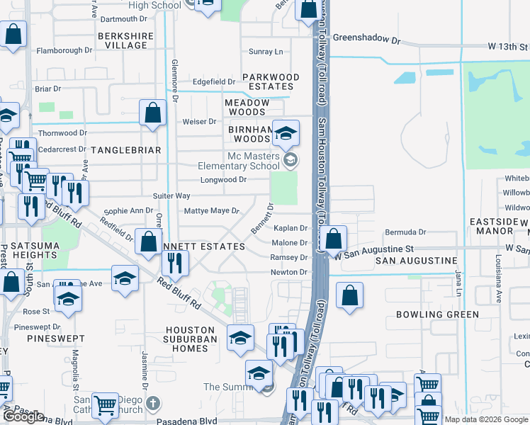 map of restaurants, bars, coffee shops, grocery stores, and more near 1304 Bennett Drive in Pasadena
