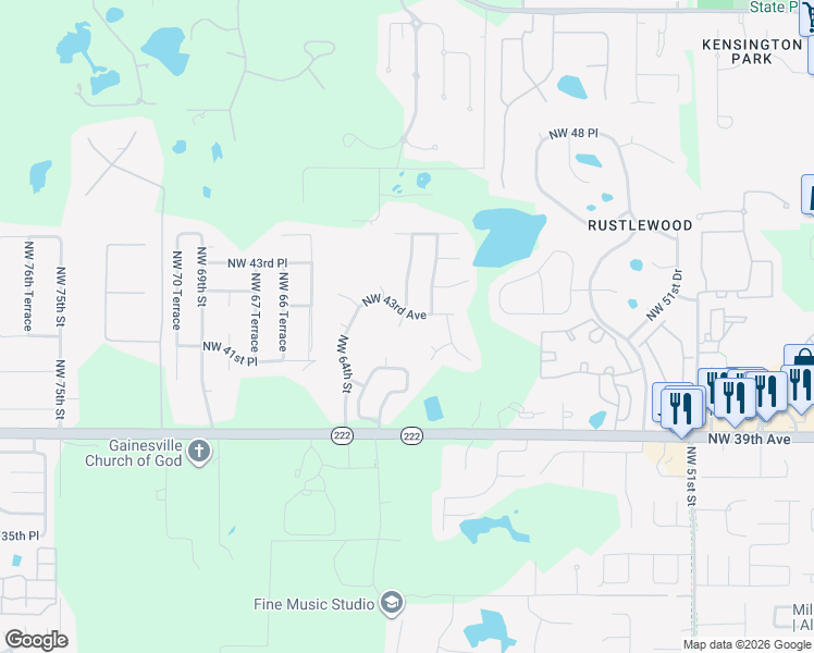 map of restaurants, bars, coffee shops, grocery stores, and more near 4225 Northwest 61 Terrace in Gainesville