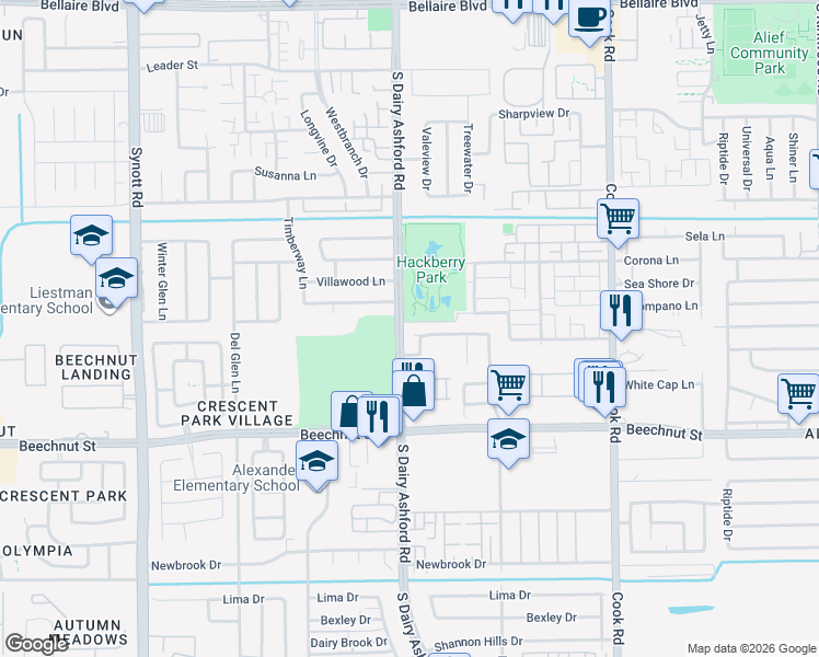 map of restaurants, bars, coffee shops, grocery stores, and more near 12666 Ashford River in Houston