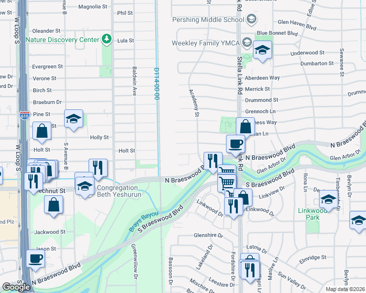 map of restaurants, bars, coffee shops, grocery stores, and more near 4123 Falkirk Lane in Houston
