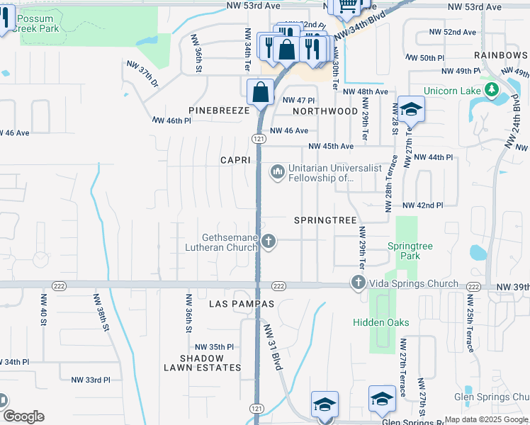 map of restaurants, bars, coffee shops, grocery stores, and more near 3407 Northwest 42nd Place in Gainesville