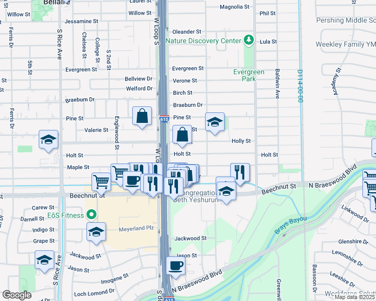 map of restaurants, bars, coffee shops, grocery stores, and more near 4614 Holt Street in Bellaire