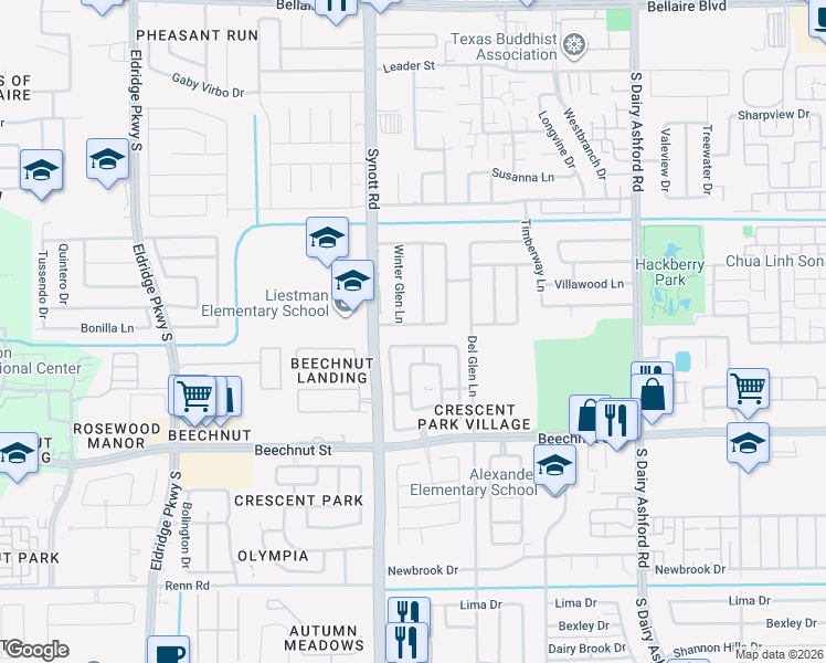 map of restaurants, bars, coffee shops, grocery stores, and more near 13107 Wilde Glen Lane in Houston