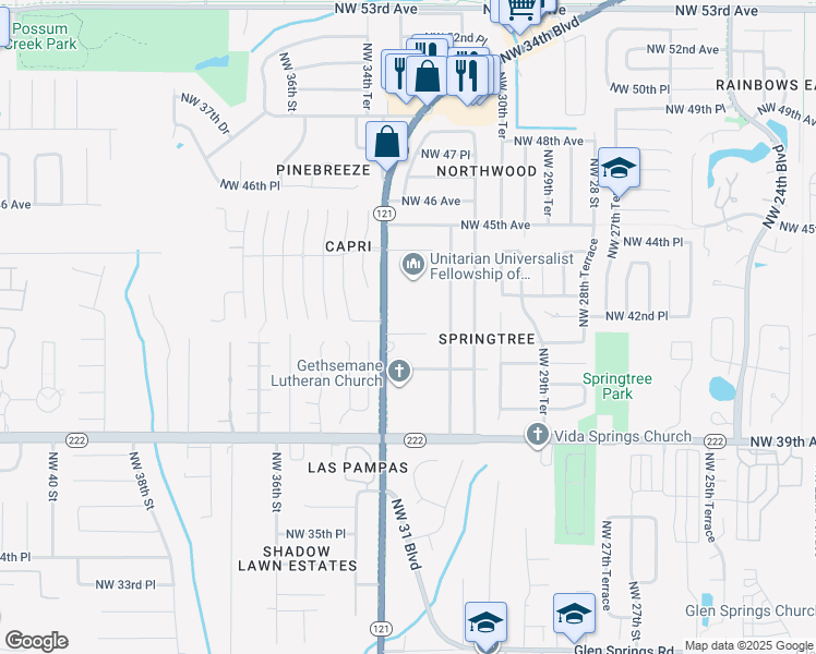 map of restaurants, bars, coffee shops, grocery stores, and more near 3310 Northwest 42nd Avenue in Gainesville