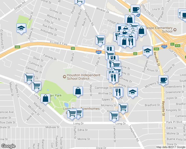 map of restaurants, bars, coffee shops, grocery stores, and more near 7018 Fairway Drive in Houston