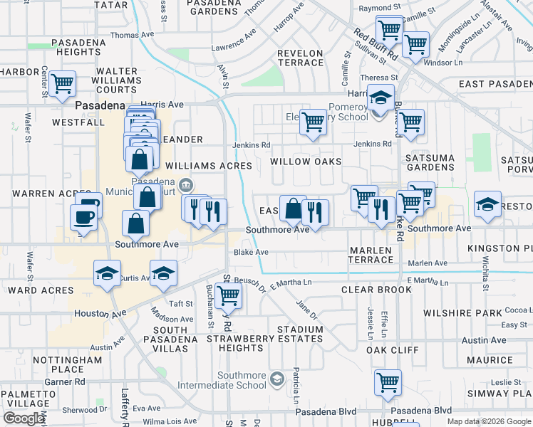 map of restaurants, bars, coffee shops, grocery stores, and more near 1201 Woodlock Drive in Pasadena