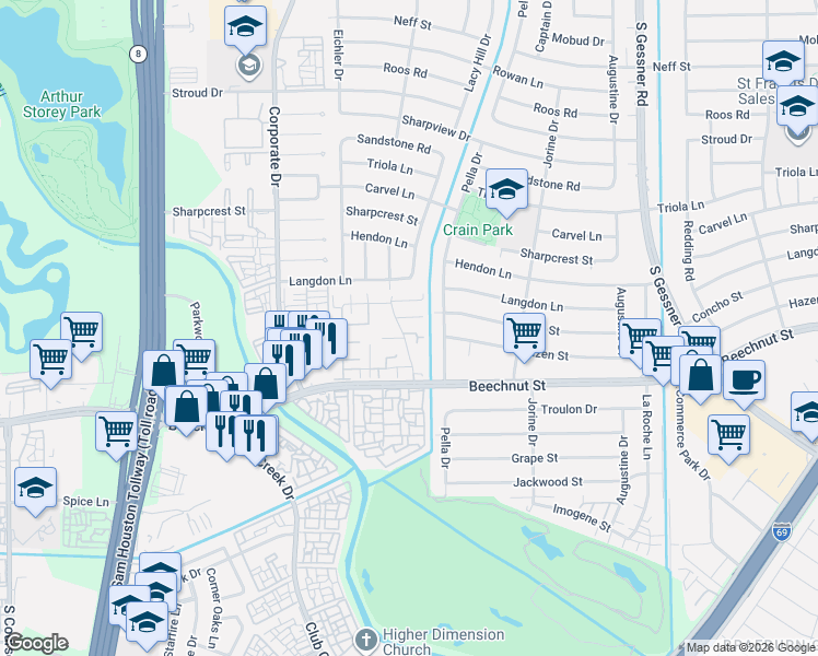 map of restaurants, bars, coffee shops, grocery stores, and more near 7979 Kendalia Drive in Houston