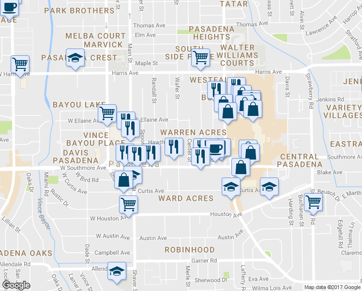 map of restaurants, bars, coffee shops, grocery stores, and more near 1127 Wafer Street in Pasadena