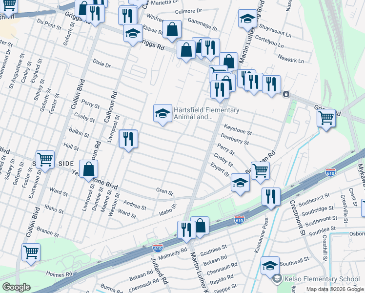 map of restaurants, bars, coffee shops, grocery stores, and more near 5110 Cosby Street in Houston