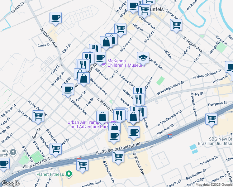 map of restaurants, bars, coffee shops, grocery stores, and more near 948 West Coll Street in New Braunfels