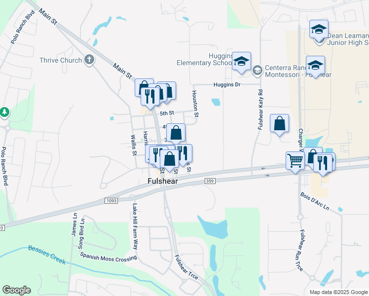 map of restaurants, bars, coffee shops, grocery stores, and more near 30302 2nd Street in Fulshear