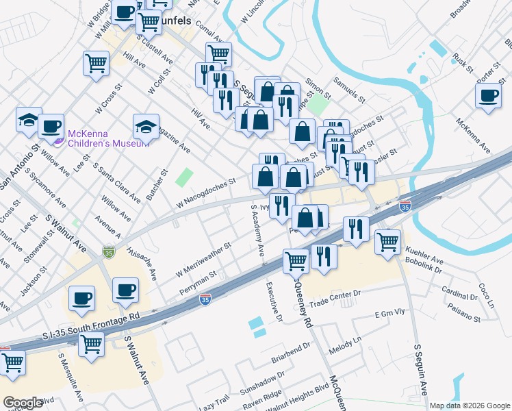 map of restaurants, bars, coffee shops, grocery stores, and more near 1133 South Academy Avenue in New Braunfels
