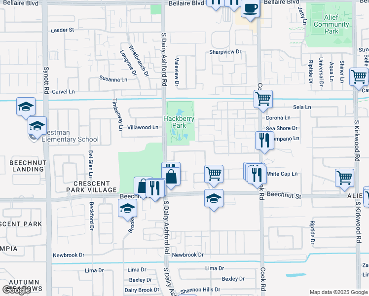map of restaurants, bars, coffee shops, grocery stores, and more near 12610 Ashford River in Houston