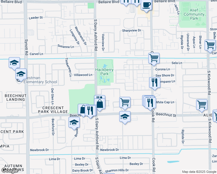 map of restaurants, bars, coffee shops, grocery stores, and more near 12610 Ashford River in Houston