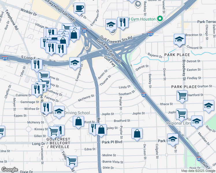 map of restaurants, bars, coffee shops, grocery stores, and more near 7639 McHenry Street in Houston