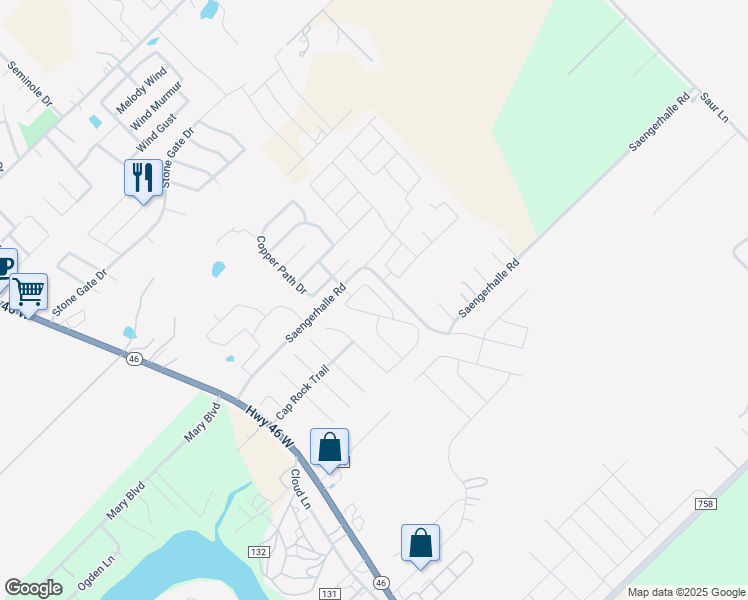 map of restaurants, bars, coffee shops, grocery stores, and more near 1432 Jericho Ridge in New Braunfels