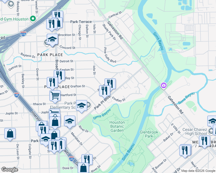 map of restaurants, bars, coffee shops, grocery stores, and more near 8318 Jennings Street in Houston