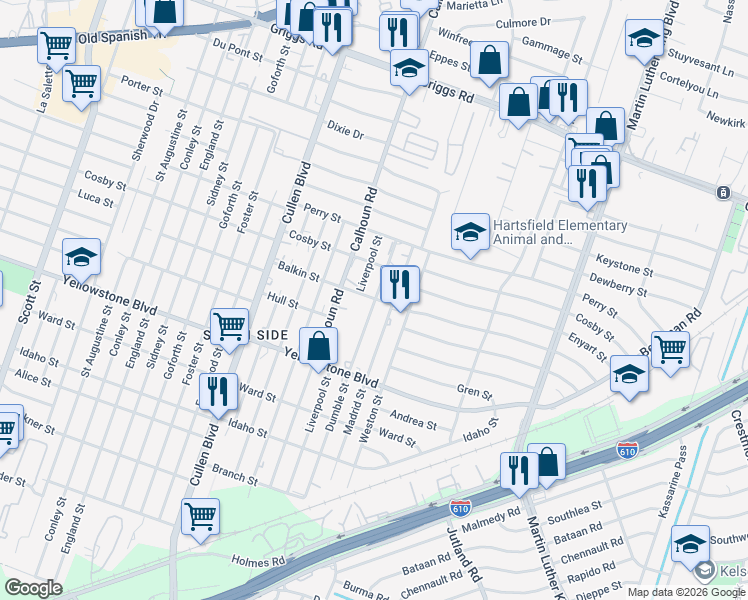 map of restaurants, bars, coffee shops, grocery stores, and more near 4715 Balkin Street in Houston