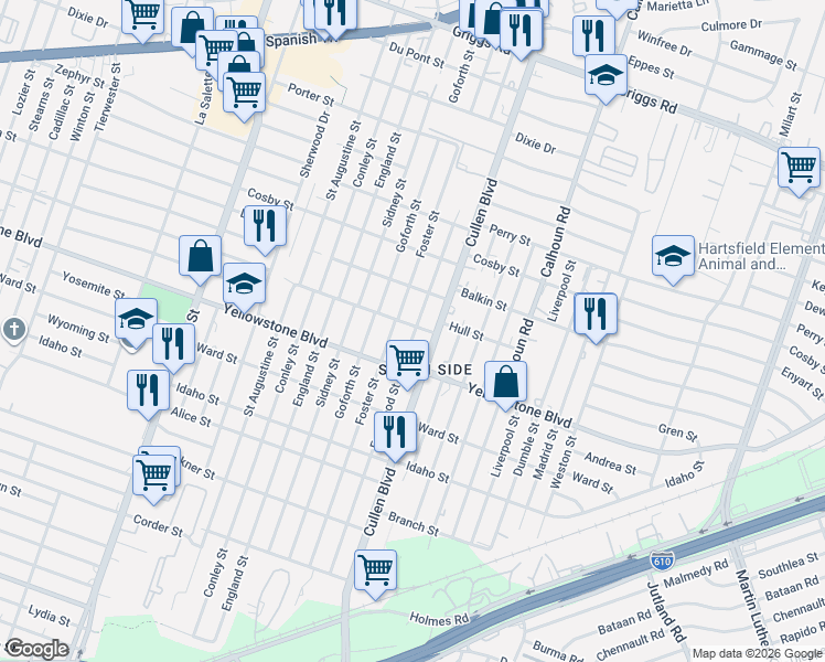 map of restaurants, bars, coffee shops, grocery stores, and more near 6603 Foster Street in Houston