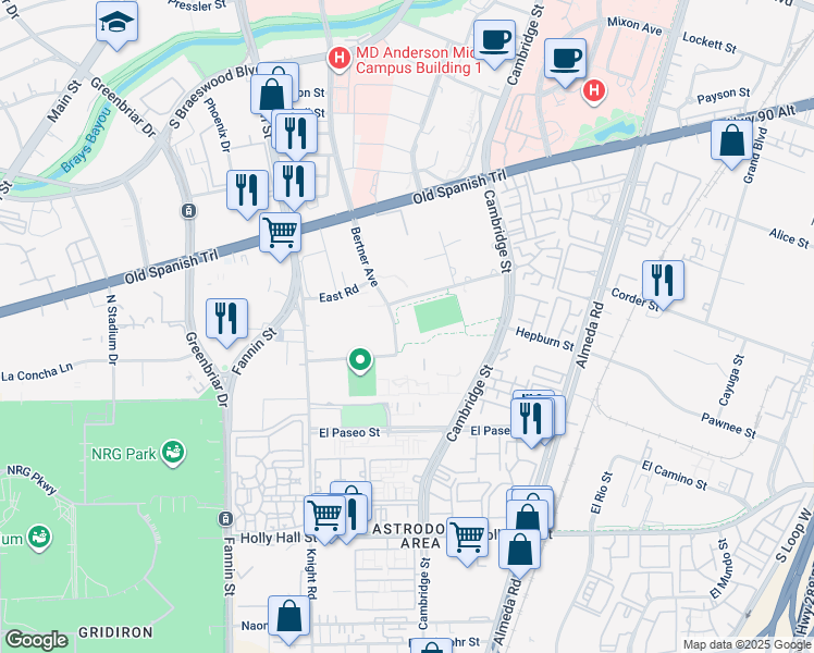 map of restaurants, bars, coffee shops, grocery stores, and more near 7600 Knight Rd in Houston