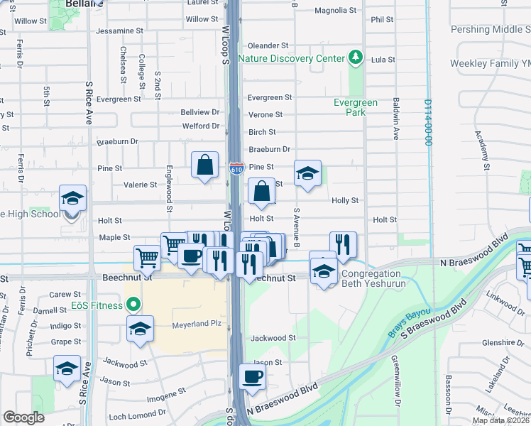 map of restaurants, bars, coffee shops, grocery stores, and more near 4614 Holt Street in Bellaire