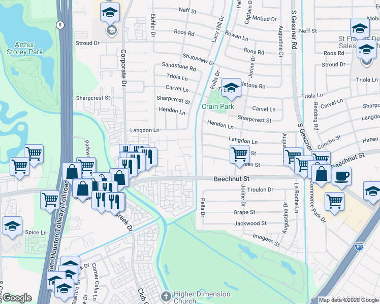 map of restaurants, bars, coffee shops, grocery stores, and more near 7979 Kendalia Drive in Houston