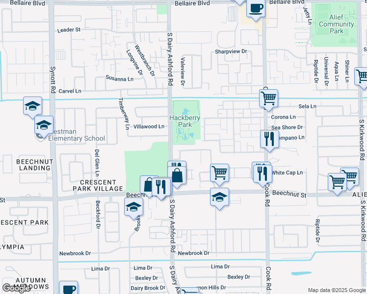 map of restaurants, bars, coffee shops, grocery stores, and more near 12610 Ashford River in Houston