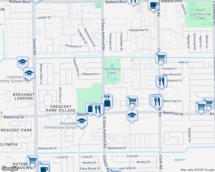 map of restaurants, bars, coffee shops, grocery stores, and more near 12666 Ashford River in Houston