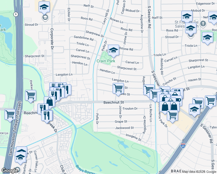 map of restaurants, bars, coffee shops, grocery stores, and more near 9023 Concho Street in Houston