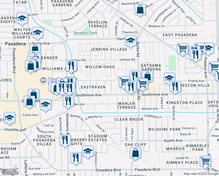 map of restaurants, bars, coffee shops, grocery stores, and more near 1204 Alpha Drive in Pasadena