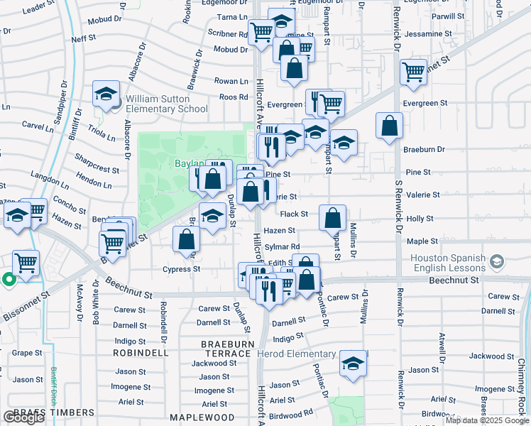 map of restaurants, bars, coffee shops, grocery stores, and more near 7930 Hillcroft Avenue in Houston