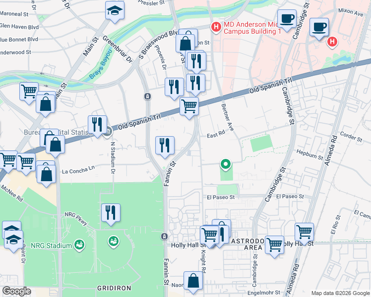 map of restaurants, bars, coffee shops, grocery stores, and more near 7602 Fannin Street in Houston