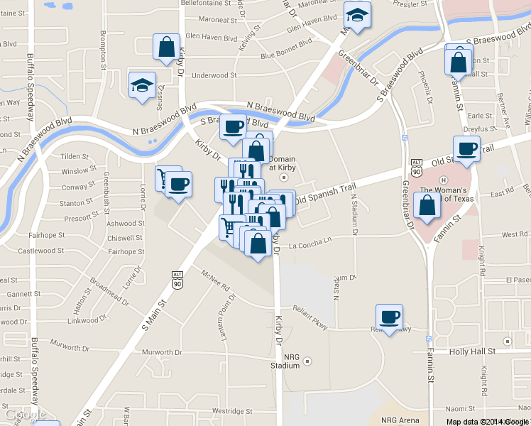 map of restaurants, bars, coffee shops, grocery stores, and more near 8002 Kirby Dr in Houston