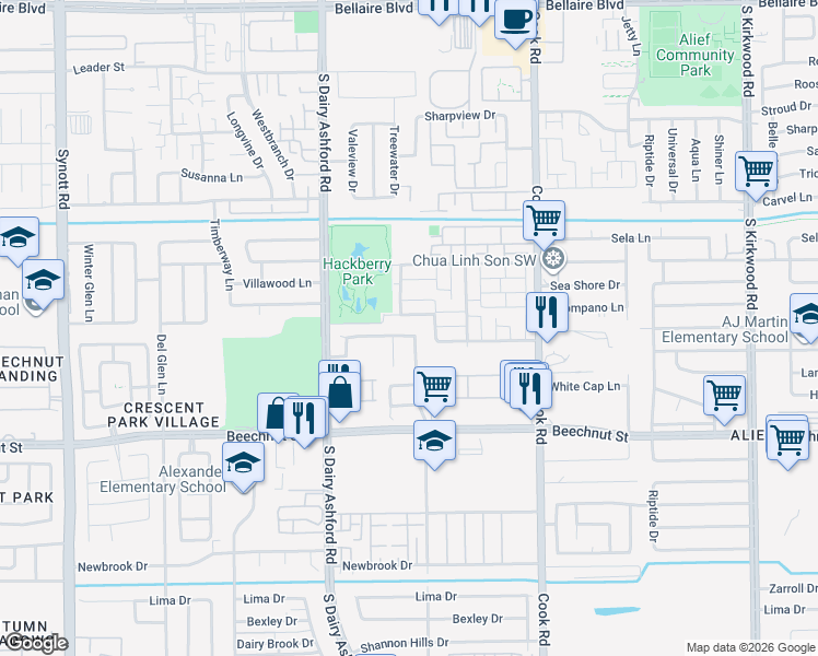 map of restaurants, bars, coffee shops, grocery stores, and more near 12518 Ashford River in Houston