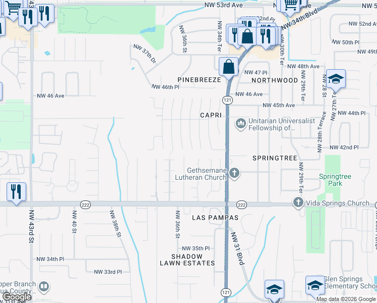 map of restaurants, bars, coffee shops, grocery stores, and more near 4236 Northwest 35th Terrace in Gainesville