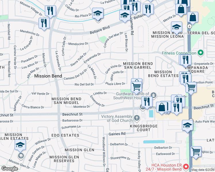 map of restaurants, bars, coffee shops, grocery stores, and more near 15315 Plaza Libre Drive in Houston