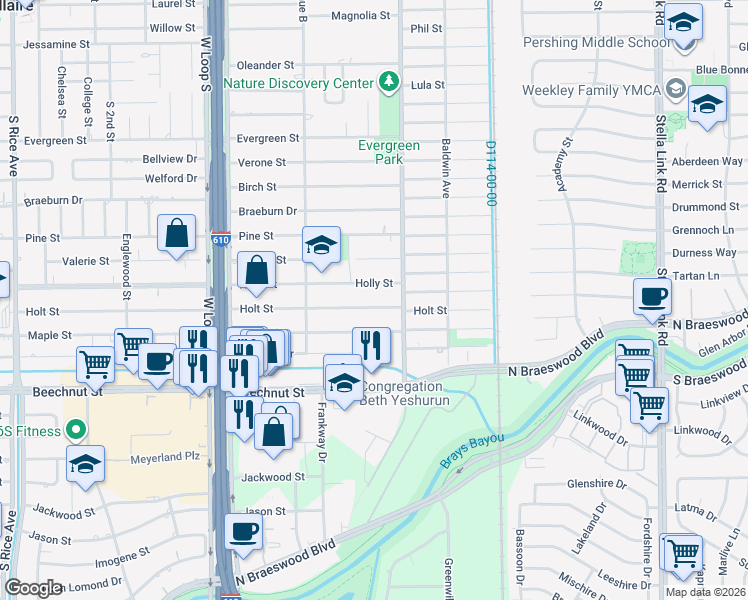 map of restaurants, bars, coffee shops, grocery stores, and more near 4510 Holt Street in Bellaire