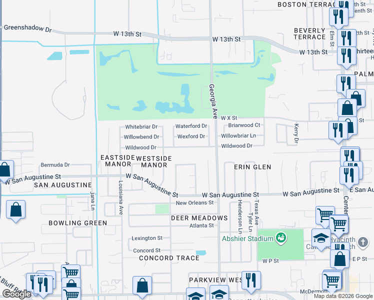 map of restaurants, bars, coffee shops, grocery stores, and more near 1514 Wildwood Drive in Deer Park